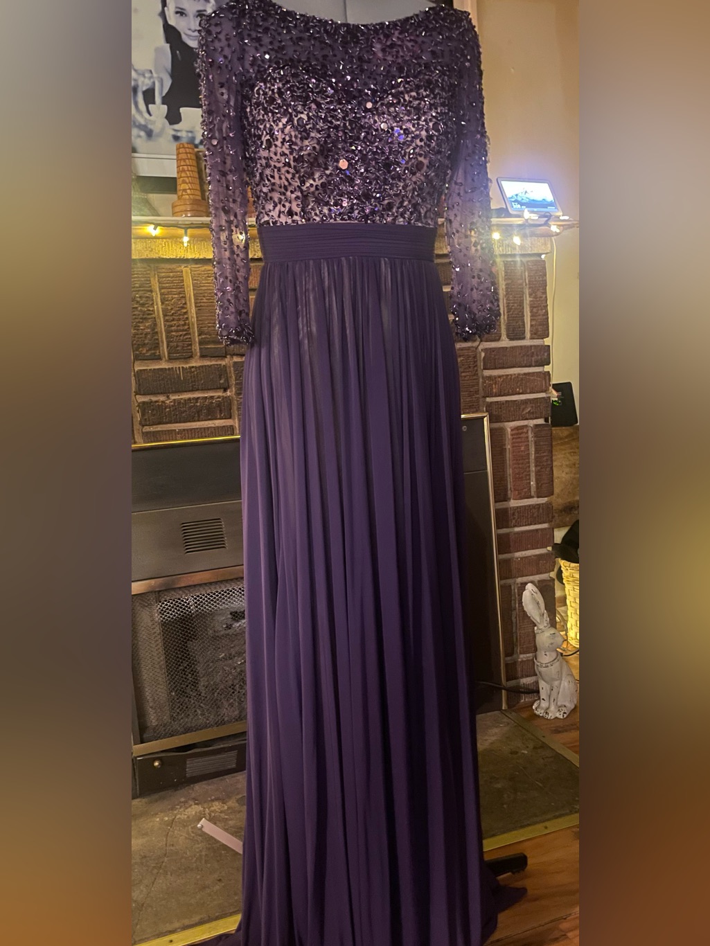 Terani Couture Deep Purple Sequin Long Sleeve Gown